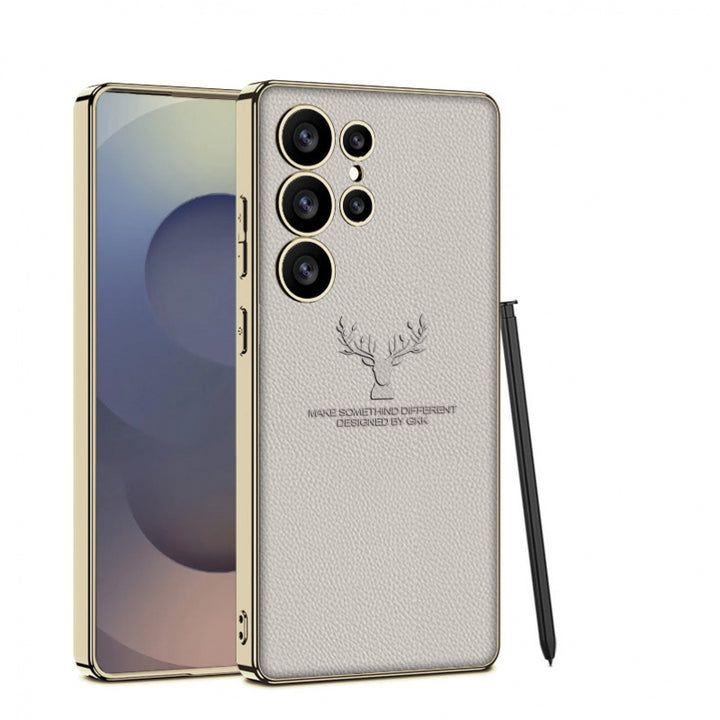 Samsung Galaxy S25 Ultra Deer Leather Case, Premium Designer Case Regal Stag Deer Electroplated Leather Case - Titanium